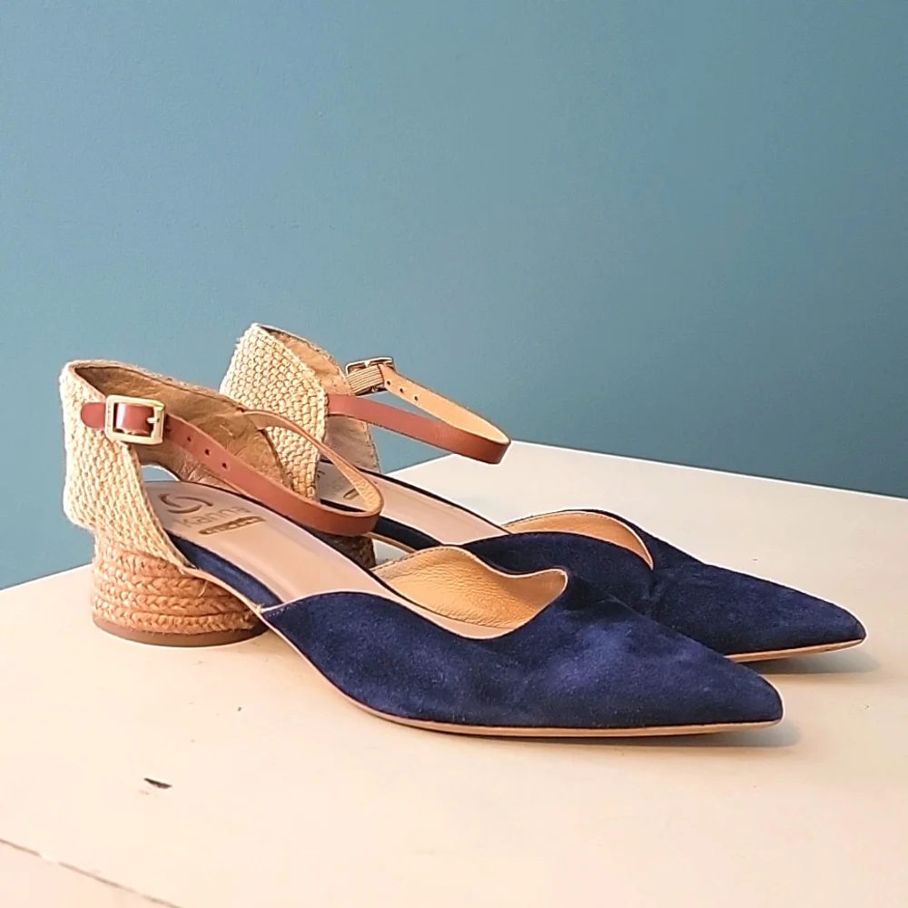 KANNA Jini‎ Raffia Trimmed Navy Suede Heels Eur 37, US 6.5-7